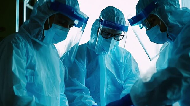 Medical team in full protective gear during critical care procedures in a hospital.