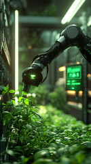 Graphic of a robot arm with smart farming or agricultural technology green technology interface