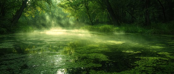 Obraz premium Misty Forest River with Sunlight Streaks and Lush Vegetation