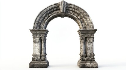 Naklejka premium Ornate stone arc gate with decorative carvings, standing isolated on a white background.