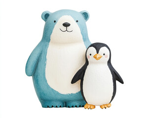 Fototapeta premium Cute bear and penguin figurines, showcasing playful friendship. bear is blue with white belly, while penguin is black and white, adding charm to any decor
