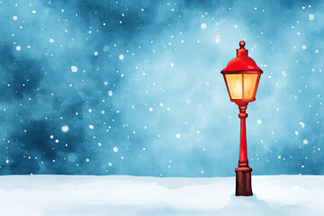 charming red lamp post stands in snowy landscape, surrounded by softly falling snowflakes against serene blue background. scene evokes peaceful winter atmosphere
