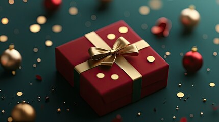 Obraz premium Red gift box tied with ribbon, decorated with gold circles, surrounded by minimalistic festive details on a dark green background.