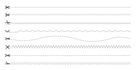 Collection of scissor cutting vector lines zigzag, dotted, curved, straight patterns. Template scissors icons set with cut lines. Black scissors for you design. Vector illustration.