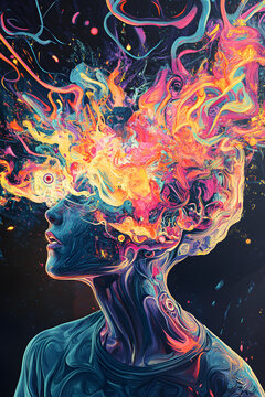 man head exploding into different colors liquid