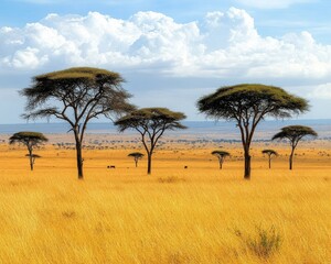 Obraz premium Stunning African Savannah Landscape with Acacia Trees Under Expansive Blue Sky and Fluffy Clouds in Serengeti National Park Vast Grassland Plains Wildlife