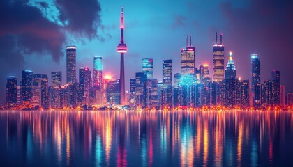 Obraz premium Toronto Skyline Illuminated at Dusk with Water Reflection