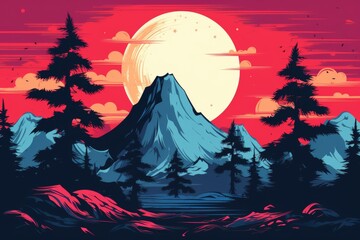 Vintage video game landscape featuring majestic mountains under a colorful sunset sky