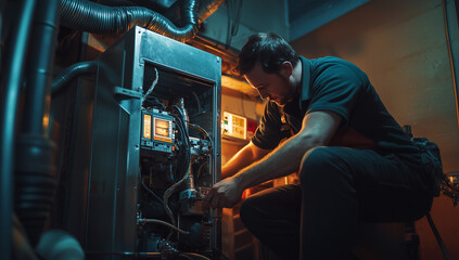 Heating Technician Inspecting Furnace in a Home	