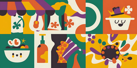 Fototapeta premium Abstract geometric shapes and patterns in green orange and purple create a playful and modern design 