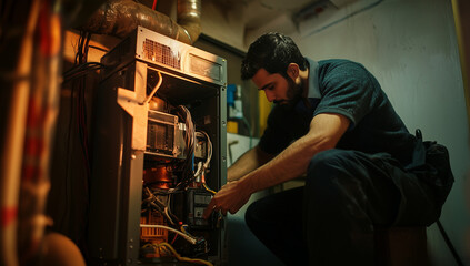 Heating Technician Inspecting Furnace in a Home	