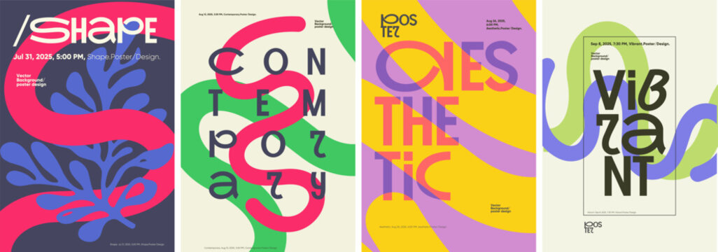 Vibrant poster set featuring bold typography and organic, flowing shapes. Highlights aesthetic themes, contemporary vector graphics, and expressive color schemes for 2025.
