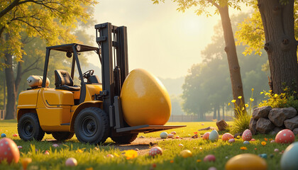 Yellow forklift transports yellow Easter egg to Easter meadow with eggs. Soft light, bright Easter concept.