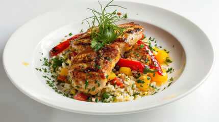Fototapeta premium Veal escalope with garlic and herbs, Spanish rice, and roasted peppers on a clean white background, showcasing vibrant colors and textures.