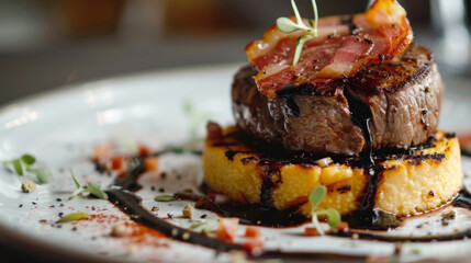 Italian Fusion Tournedos Rossini with grilled beef tenderloin, crispy pancetta, melted Taleggio cheese, and balsamic reduction on a polenta cake, showcasing rich textures and flavors.