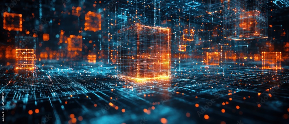 Poster abstract digital cityscape with glowing cubes and lines