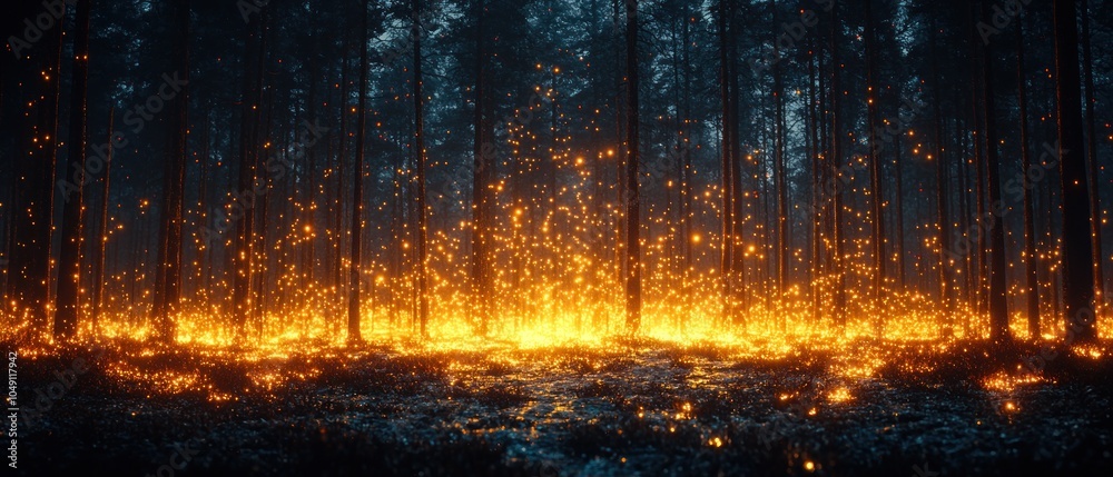 Poster A Dark Forest with a Glowing Ground and Trees