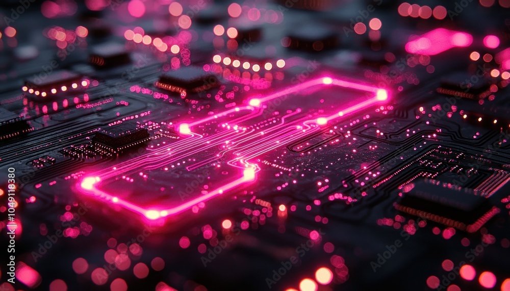 Poster illuminated circuit board with glowing pink lines