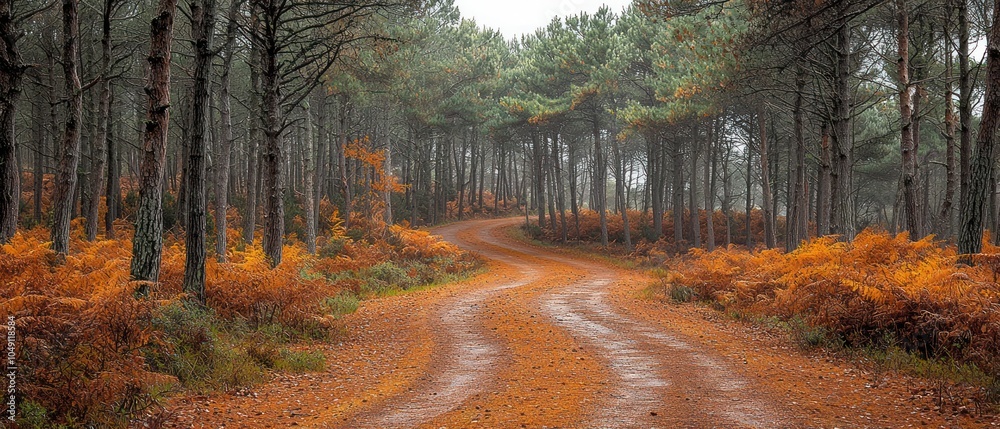 Poster a winding path through a misty pine forest in autumn