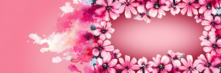 Fototapeta premium Pink watercolor flowers frame a pink background for romantic spring designs 