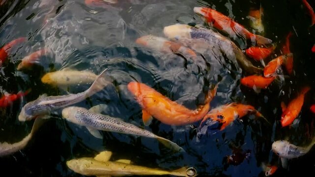 colorful koi fish in the pond, there are white koi fish, red, black and Japanese koi fish