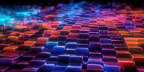 Obraz premium Vibrant 3D grid of colorful tiles illuminated with dynamic lighting effects, creating a mesmerizing abstract pattern in a digital landscape