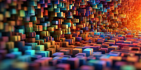 Obraz premium Vibrant 3D abstract background featuring colorful cubes in a dynamic arrangement with warm lighting showcasing depth and texture