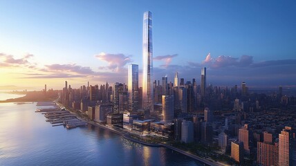 Fototapeta premium Dynamic Cityscape with Towering Skyscrapers and Clear Azure Sky