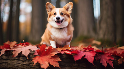 A cute corgi puppy plays in a pile of autumn leaves in a park.