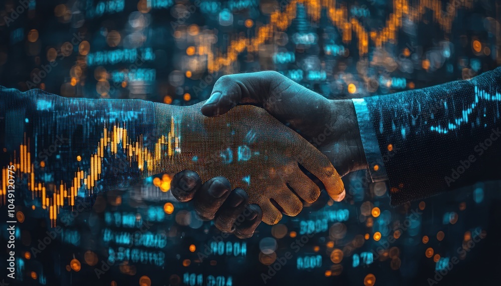 Poster Digital Handshake Against a Background of Financial Data