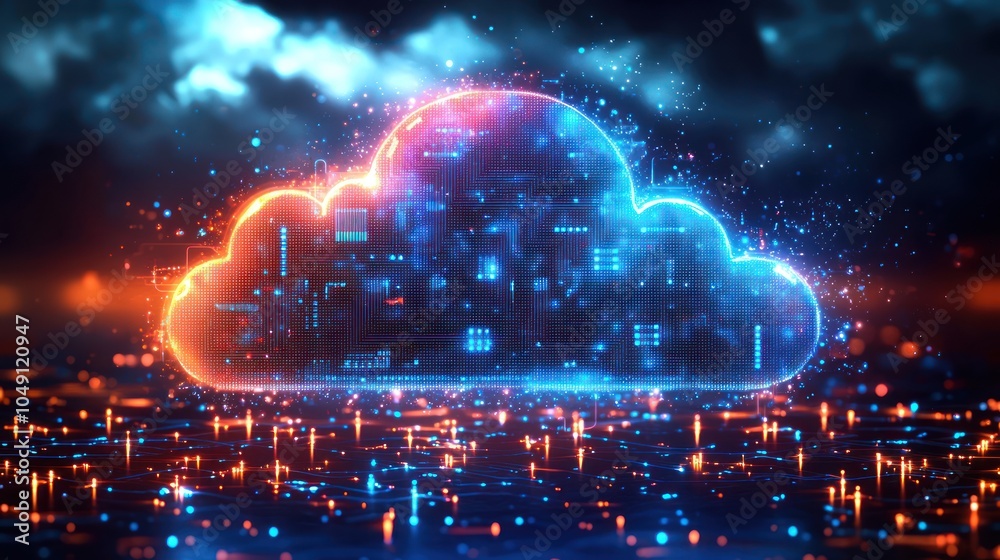 Poster a glowing cloud icon symbolizing digital infrastructure and data transfer.