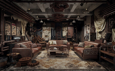 Steampunk living room brown leather furniture industrial design vintage interior  