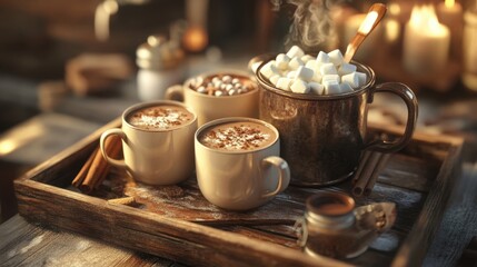 Steaming hot chocolate with marshmallows in a rustic setup on a wooden tray