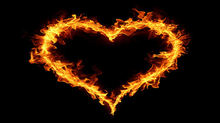 A vibrant heart shape made of flames, symbolizing passion and warmth during a nighttime display in a dark background