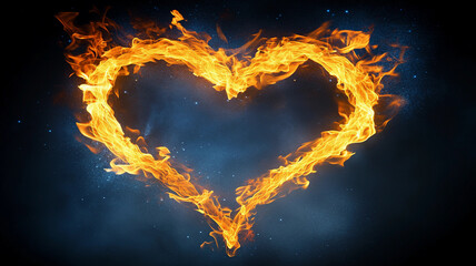 Fototapeta premium A vibrant heart shape made of flames glows against a dark, starry background, embodying passion and intensity