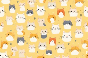 Fototapeta premium Seamless picture of cute cat carton design art funny background for textile kid clothes baby kitten fun pale yellow