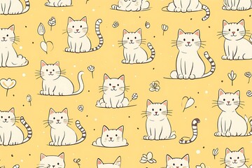 Seamless picture of cute cat carton design art funny background for textile kid clothes baby kitten fun  pale yellow