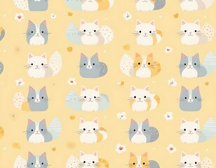 Obraz premium Seamless picture of cute cat carton design art funny background for textile kid clothes baby kitten fun pale yellow