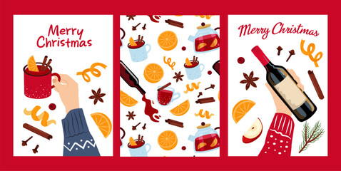 Naklejka premium Christmas drinks cards set. Hand with mug and bottle of wine. Mulled wine, fruits and spices seamless background. Vector illustration set.
