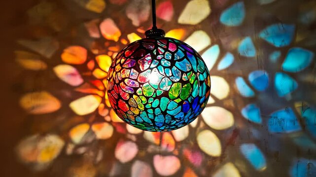 Colorful mosaic lamp casting vibrant shadows on wall. Artistic lighting and decor concept
