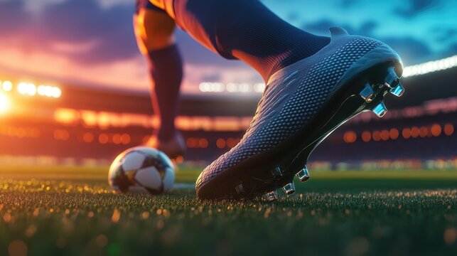 A close-up shot of a soccer player shoe about to make contact with the ball, the stadium in the distance glowing under the evening lights.