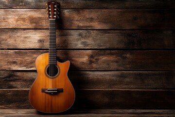 Obraz premium Musical design with acoustic guitar. Spanish guitar and wood wall.Music background .generative ai