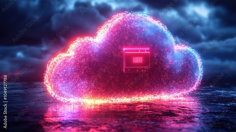 Poster neon cloud with a digital interface