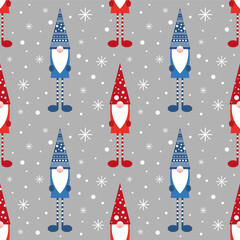 Vector illustration. Geometric gnome Santa Claus seamless pattern cartoon on grey background.