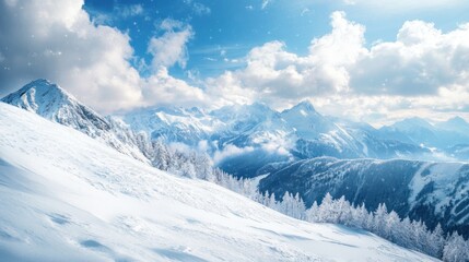 A snowy landscape with a mountain in the background