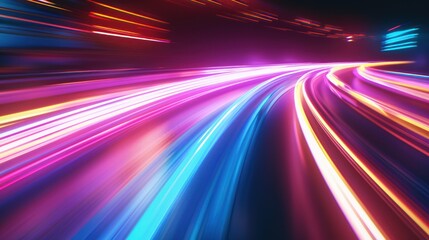 Obraz premium Futuristic city street light trails at night with a bright neon sign in the background