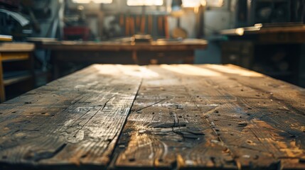 A rustic wooden table with a window with shadow in the background