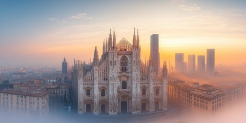 Fototapeta premium Majestic Milan Cathedral at Sunset with Modern Skyline in Fog, Duomo di Milano, Iconic Architecture, Historic Landmark, Italian Cityscape, Milan Tourism