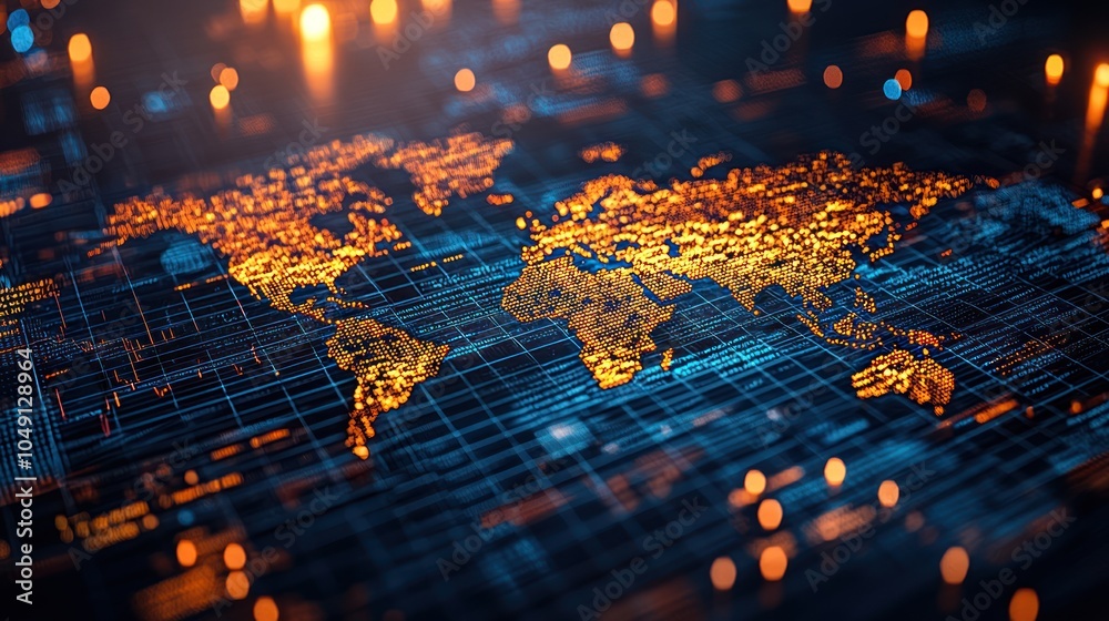 Poster A Digital World Map with Glowing Lights and a Grid Pattern