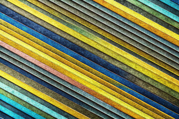 Vibrant diagonal stripes in various shades of blue,green and yellow create a dynamic pattern.Overlapping lines form a textured, layered appearance, contributing to a sense of depth with copy space.AI 